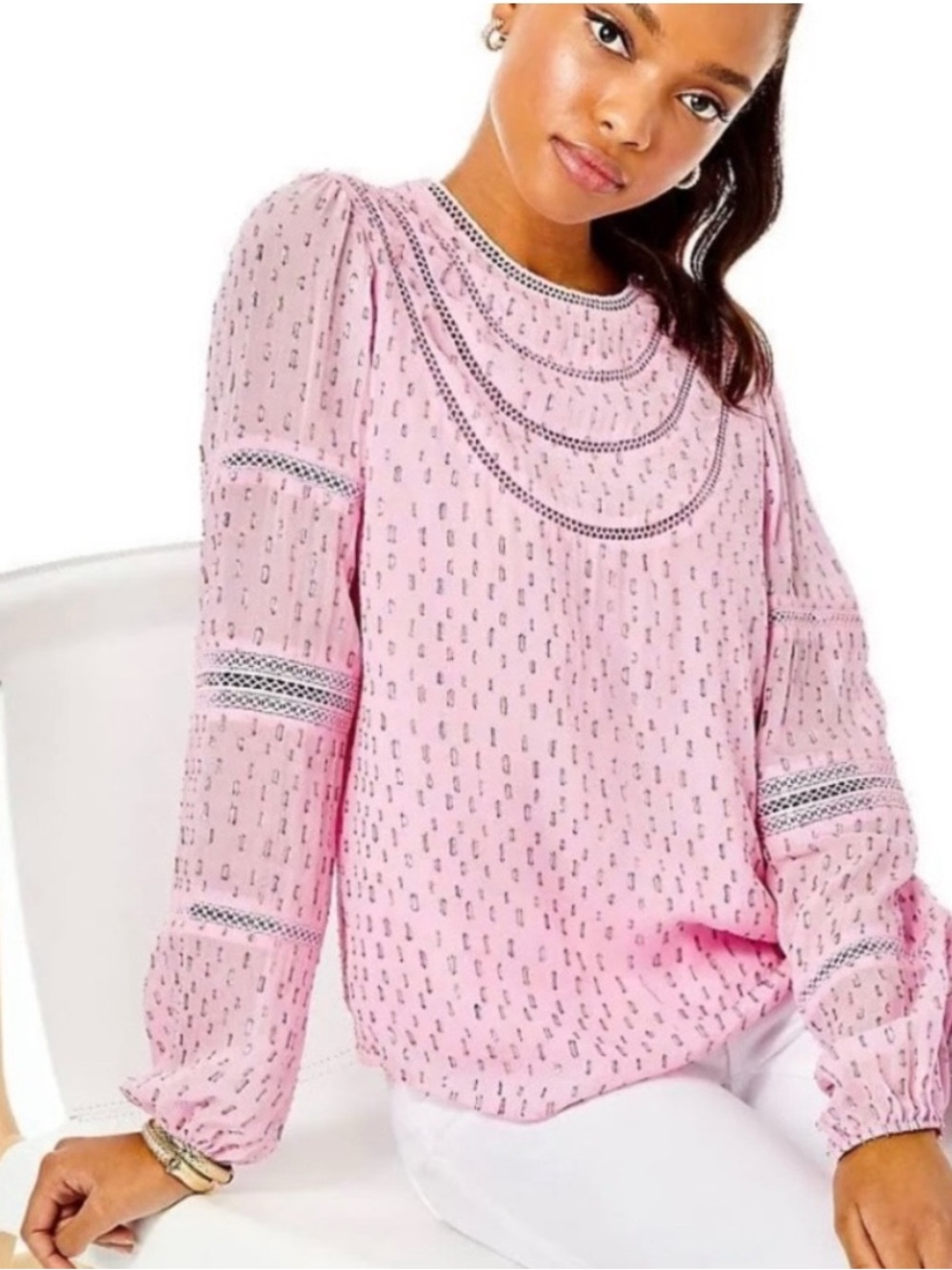 Lilly Pulitzer Briley Top Metallic Calla Lilly Pink Eyelet Blouse Size Large